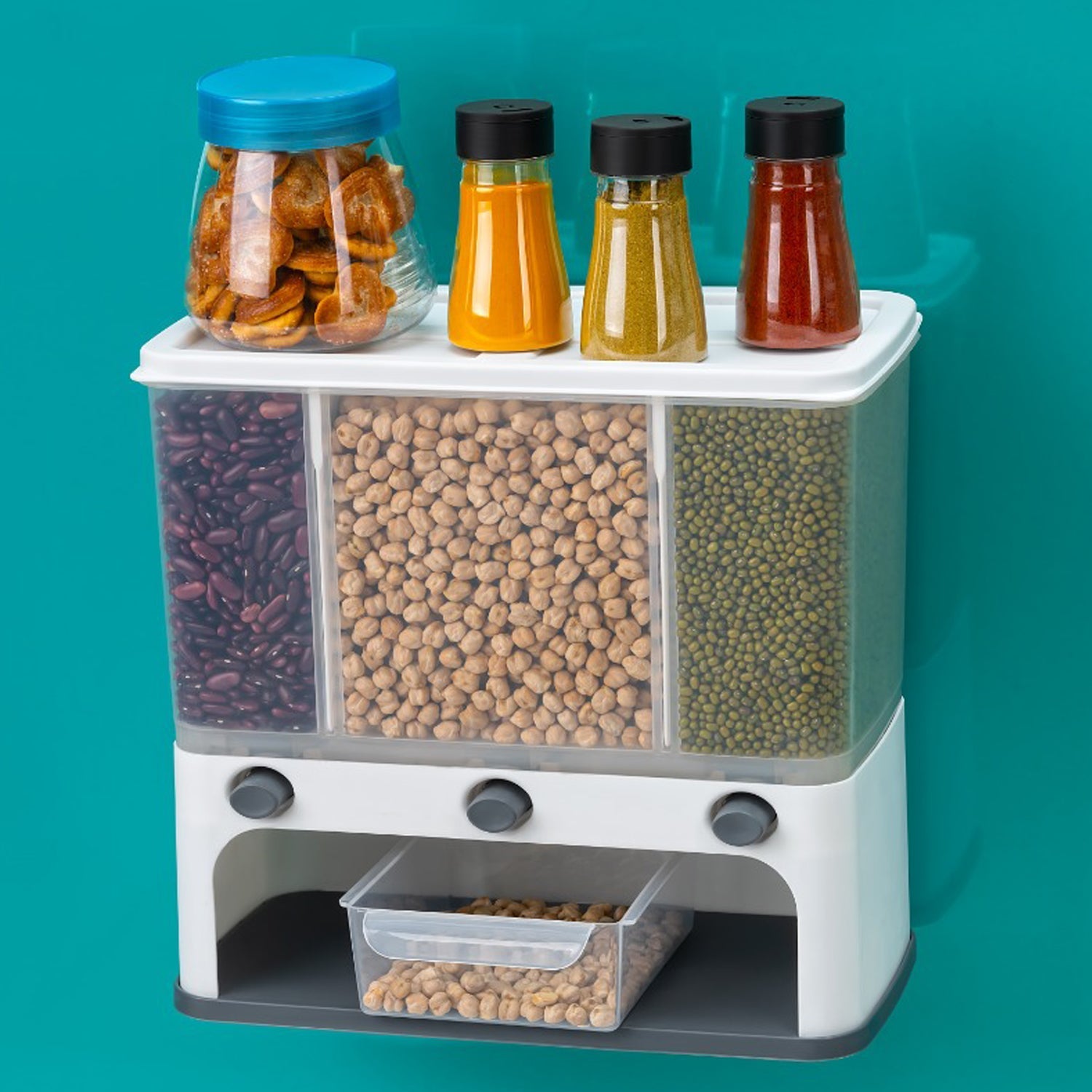 Cereal dispenser with wall mount and push button Cereal dispenser with wall mount and push button